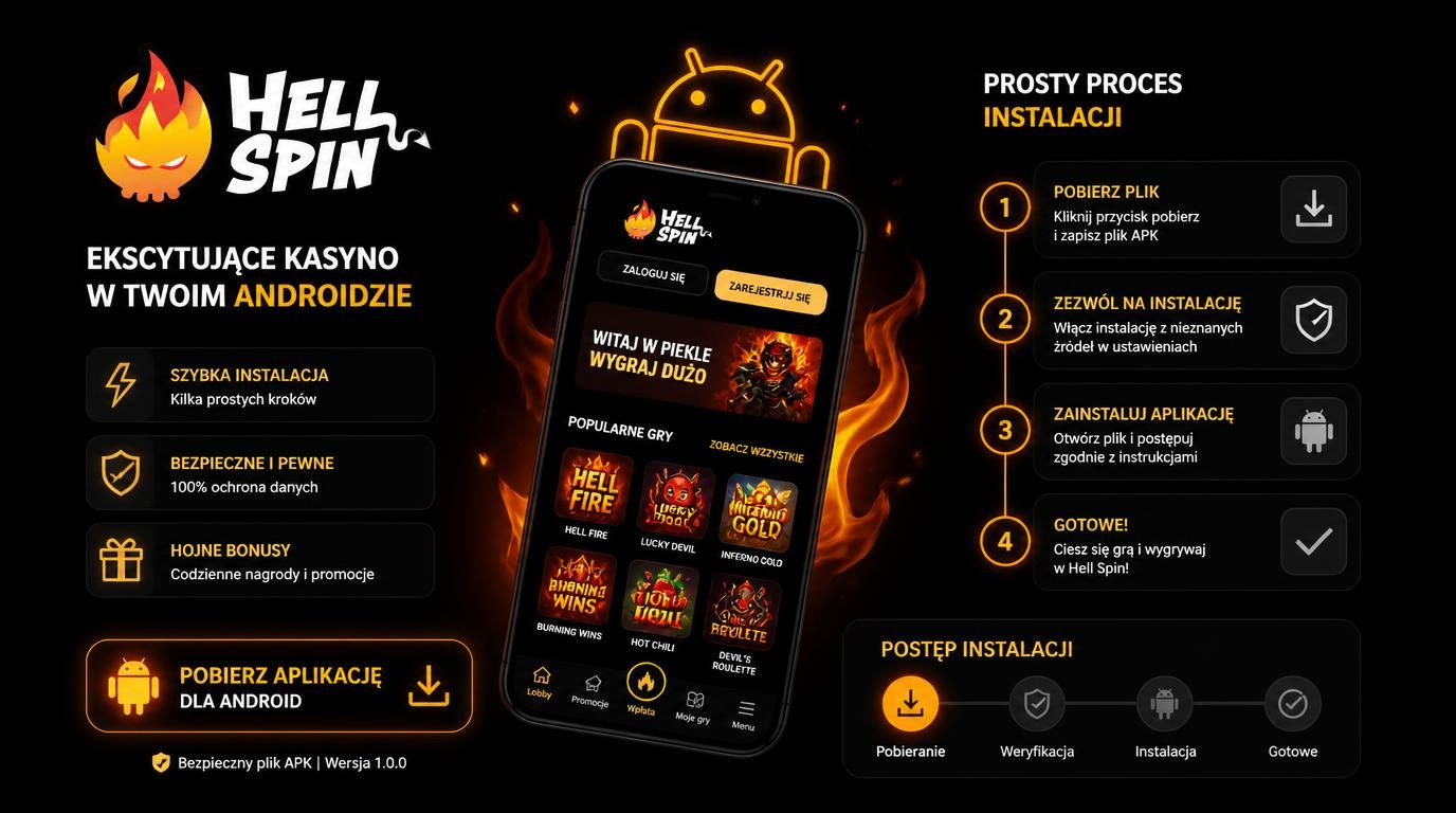ekran mobilnej aplikacji Hell Spin z przyciskiem „Pobierz na Androida” i ikonami instalacji