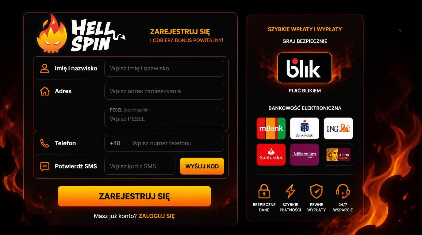 Interfejs rejestracji Hell Spin z polskimi polami