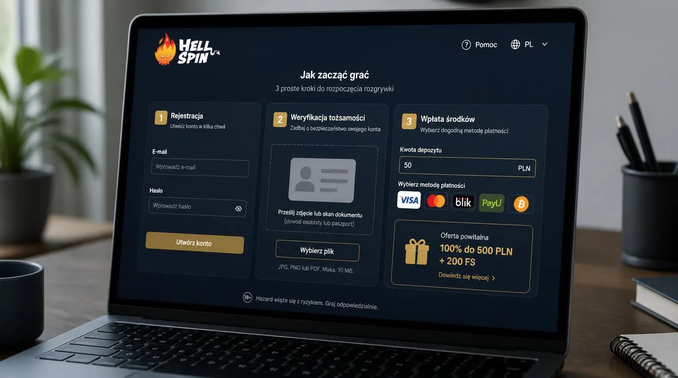 Laptop z formularzem rejestracji, etapem weryfikacji tożsamości i panelem wpłaty do kasyna