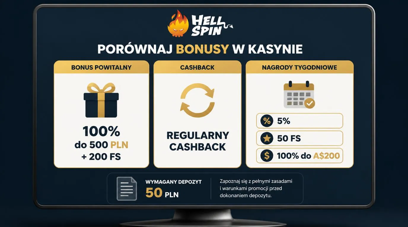 Porównanie bonusu powitalnego, cashbacku i nagród tygodniowych z oznaczeniem depozytu 50 PLN